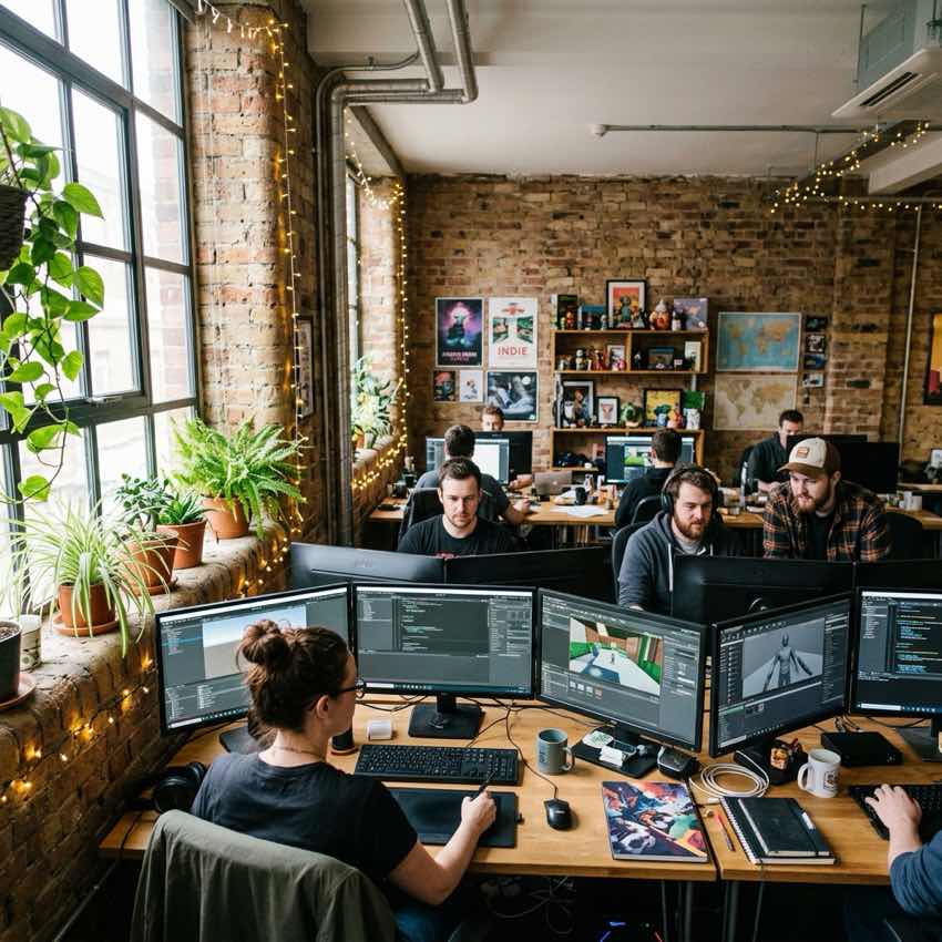 Startup team of game developers working in our creative London office
