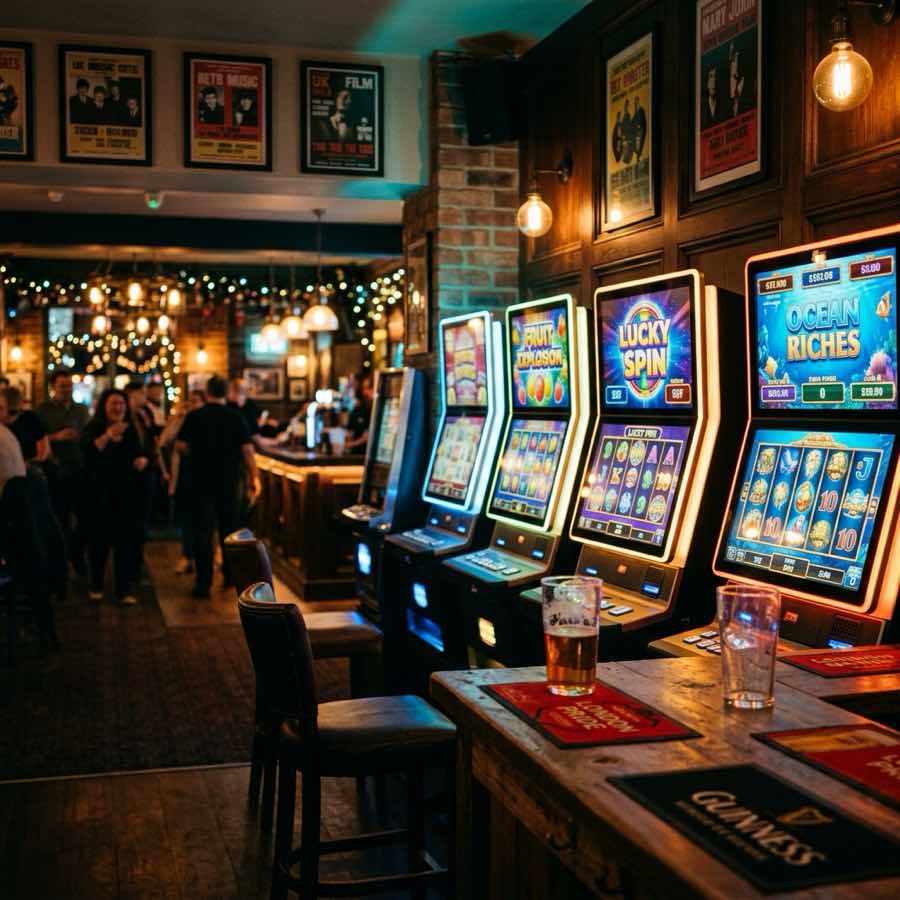 Dimly lit gaming lounge displaying slot screens