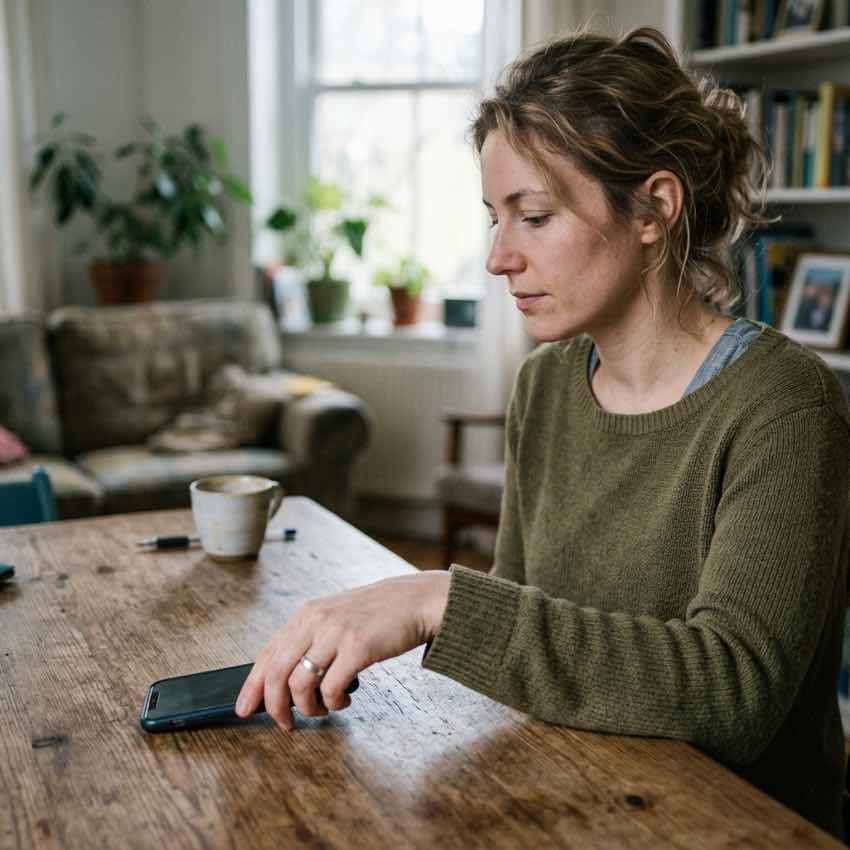 Smartphone face-down on a wooden table to demonstrate a healthy gaming break